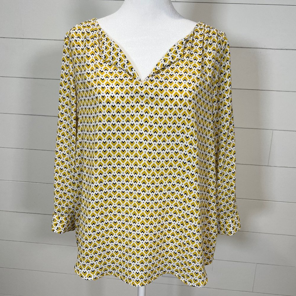 Dalia Gold Black & White 3/4 Sleeve V Neck Blouse Size M